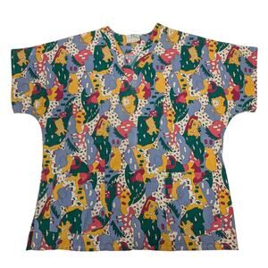 TL Uniforms Medical Scrub Top Multicolor w/ Elephants, Hippos Etc. Size XL